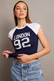 Blue Graphic Tee Raglan Short Sleeve - Size M, Women's Graphic Tee