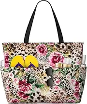 [EdWal] Animal Tiger Leopard Print Rose Flower Print Tote Bags For Women Travel Tote Handbag Shoulder Bag With Zipper Purse For Office Travel, Black, One Size