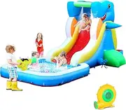 Step4Fun Inflatable Water Slide, Shark Water Slide Park with 370W Air Blower, Climbing Wall,Splash Zone, Shark Shower Sprays, Water Cannon for Gift Backyard Party (Shark Water Slide)