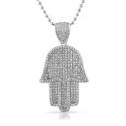 Silver CZ Iced Out Hamsa Pendant Chain Necklace Set