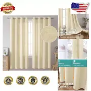 72 Inch Beige Faux Linen Grommet Curtains - Wrinkle-Free Light Filtering Drapes