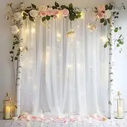 White Backdrop Curtain with Lights String for Birthday Decorations 10×10FT Tulle Backdrop Curtain for Parites Wedding Bridal Shower Baby Shower Bridal Shower (2 Panels 5×10ft)