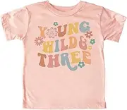 [Olive Loves Apple] Young Wild Three Daisy Groovy Adorable 3rd Birthday Shirt for Infant Baby Toddler Girl Third Birthday Outfit