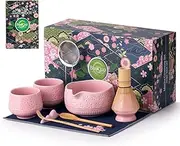 Buucup 10 Pcs Matcha Set, Pink Cherry Blossom Matcha Kit with Bowl, 2 Cups, Whisk, Holder, Bamboo Scoop, Spoon, Rest, Sifter, Towel