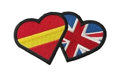 Spain No Crest And Union Jack Heart Friendship Sew / Iron on Patch Badge (A)