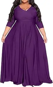[IyMoo] Women's Plus Size Half Sleeve Wrap V Neck Back Zipper Long Formal Party Maxi Dress Evening Gown