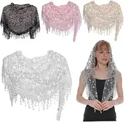 [Comebachome] 4 PCS Mantilla Veils Catholic Triangle Floral Lace Head Coverings Scarf with Tassel Chapel Decorative Catholic Veils for Women Mass Wedding Bridesmaid, for Women Mass, Mantilla