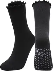 [PLZSITDOWN] Pilates Socks with Grips for Women Non Slip Cute Ruffle Yoga Socks, Black, One Size
