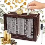 Cash Vault Wooden Savings Box with Coin Counter - Money Vault Piggy Bank, Kakeibo Cash Saver (10000,A)