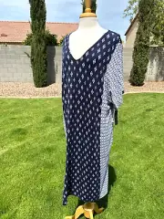 Donna Karan Caftan Dress Nightgown Plus Size 3X Navy Print w/ Side Slits $82 NWT