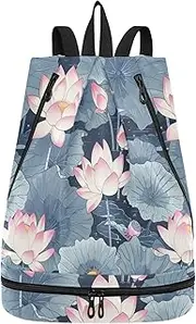 Yoogain Chinese Style Water Lilies Drawstring gym bags yoga small gym bags with Wet Dry Compartments, Chinese Style Water Lilies, 1 size