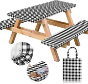 Vinyl Fitted Picnic Table Cover with Bench Covers and Bag, 6ft Outdoor Waterproof Windproof Tablecloth with Elastic Edges. Camping RV Gear Campers Must Have 72x30 Inches 4 Pcs Set (Black)