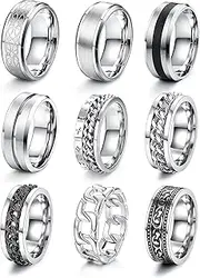 [Kakonia] 9 Piece Mens Rings Stainless Steel Rings Silver Polished Celtic Knot Vintage Biker Rings Black Chain Rings Men Viking Gothic Rings Set Engagement Friendship Band Rings for Men