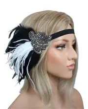 1920s Black White Feather Vintage Bridal Great Gatsby Flapper Headpiece