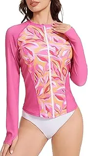[Cagola] Rash Guard for Women Zipper Long Sleeve Swimsuits Uv Protection Full Coverage Swim Shirt Rashguard Tops Surfing Ladies, Rose Leaf, Large