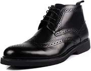 [Generic] Solid Color Casual Ankle Boot for MenGenuine Leather Work Boot Lace Up Brogue Carving Block Heel