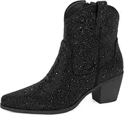[MISSMILLER] Women’s Rhinestone Cowboy Boots Mid Calf Pointed Toe Sparkly Block Heel Cowgirl Boots with Pull On Tabs