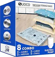 SUOCO 8 Combo Vacuum Storage Bags with Electric Pump, (2 Jumbo, 2 Large, 2 Medium, 2 Small) Travel Clothes Space Saver Bags, Compression Airtight Seal Bags for Clothing, Pillows, Comforters, Blankets