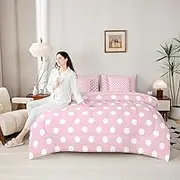 Polka Dots Bed Set in a Bag 7 Pcs,Cartoon French Style Princess Pink White Bedding Set,Modern Geometric Circles Abstract Simple Art Comforter with Fitted,Flat Sheet,Pillowcase,Pillow Covers,Queen