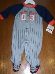 NWT CARTER'S GRAY STRIPED BASEBALL 03 HANDSOME FOOTED SLEEPER 3 MO