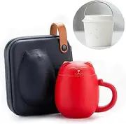 Cat Mugs with Infuser and Lid, Cute Tea Cups Kawaii Mug in Ceramic for Steeping Loose Leaf, Handmade Porcelain Teacup Teapot for Home Office, Portable Shatterproof Case 350ML (Red)