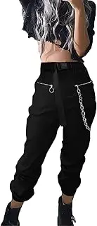 [XKBHYD] Women's Cargo Trousers Harem Trousers Gothic Punk Pockets Jogger Trousers with Chain Harajuku Elastic Trousers with Belt, Black, M