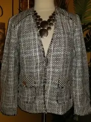 CHICO'S NWT $149 M 8/10 SIZE 1 women's tweed blazer fringe trim jacket multi