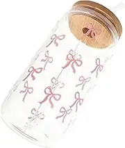 Cute Glass Cups with Lids and Straws for Adults Adorable Bowknot Design Spacious Capacity for Smoothies Juice and Coffee Reusable Travel Mug for Parties and Everyday Use