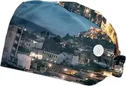 [WOSHJIUK] Working Hat 2 Pack Scrub Caps for Women,Night View City,Tie Back Cap Adjustable Scrub Hat