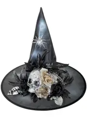 Deluxe Silver and Black Witch Hat with Skull and Flowers