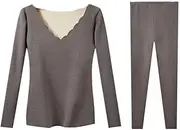 [OFFSUM] Women’S Thermal Underwear Set - Velvet Warm Slim Lingerie Soft Tops + Pants Set Women Casual Homewear Plus Size Winter Daily Clothing,Grey,3XL 70-80Kg