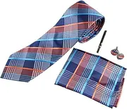 [Zasel] Mens Blue & Orange Checkered Matching Neck Tie, Pocket Square, Cuff Links And Tie Clip Set Navy, Sky Blue, Baby Blue, Orange, White