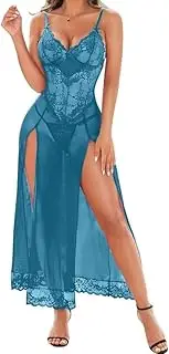 [Accessorize Kingdom] Women Lingerie Lace Babydoll High Split Maxi Long Gown V Neck Mesh Sleepwear Sexy Babydoll Lingerie Honeymoon/First Night/Bridal Nightdress