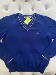 New ETRO Milano Pullover Lana Wool Knit Logo V neck Blue Sweater Size XXL