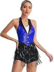 [Jugaoge] Women's Sequins Halter Backless Latin Tassel Leotard Dress Ballroom Rumba Salsa Dance Costume