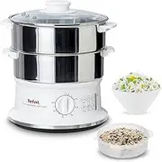 Tefal VC1451 Electric Steamer, 2 Stainless Steel Containers, 6L Capacity, Steamer with 24 cm Diameter, Timer and Automatic Shut-Off, 900 W, White