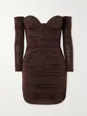 [Alex Perry] Alex Perry - Koda Ruched Crystal-embellished Stretch-jersey Mini Dress And Gloves Set - Brown - UK 4 UK 4 Brown