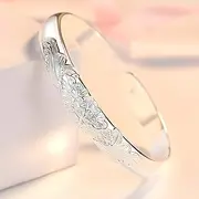 [Tbkoly] Fashion Silver Sterling Cuff Bangle Chain Bracelets,Women 925 Sterling Silver Bracelet Hand Carve Flower Cuff Bangle Chinese Bracelet Ladies Silver Jewellery