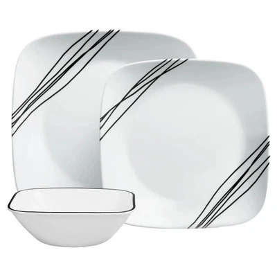 12 Piece Dinnerware Set Corelle Square Durable Dinner Lunch Plates Cereal Bowl