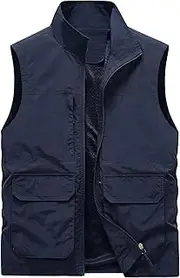 [HWDDOM] Fishing Vest Solid Color Pocket Button Stand Up Collar Lunch Break Leather Leather Vest Vest Coat Jacket