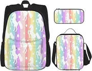 [StOlmx] 3 Pcs Set Backpack,Waterproof Bookbag, Insulated Lunch Bag & Pencil Case Pouch, Travel,Hiking,Underwater Sea Lion Print, Unicorns on Colorful Stripes, One Size