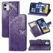 For iPhone 12 / 12 Pro Case, Butterflies Love Folio PU Leather Case, Card Slot, Wallet, Lanyard, Dark Purple