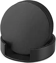 Proxima Direct Leather Coasters Set of 6 Drink Coasters Spill Protection Round Cup Non Slip Leather Coaster for Table Desk Fit Common Size Drinking Glass Coffee Cup Tea Cup Mug (Black)