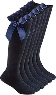 [SARIMON] 2 Pairs Girls Knee High School Socks with Fluffy Ribbons Bow, Back to School Socks Uniform Party Wear Comfort Fit Long Stocking kids Socks