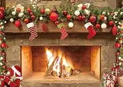 LTLYH 5x3ft Christmas Fireplace Backdrop Merry Christmas Fireplace Family Picture Party Decorations Photobooth Backdrops Xmas Socks Trees Burning Firewoods Photography Background 109