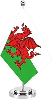 Welsh Miniature Desk Flag Set,8x5 Inch Wales Dragon Small Flag With 12 Inch Bright Silver Flagpole, Deluxe Decorations For House Office Meeting Table