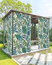 Summer Tropical Plants Outdoor Curtain for Patio Waterproof, Green Leaves Rustic Burlap Texture Outside Curtains with Grommet Top Curtain Panels Drapes for Pergola, Gazebo, Balcony 54"W x 84"L 2 Pcs