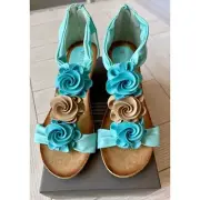 Patricia aqua harlequin wedge flower sandals w/ zip back. New w/ box. Size 8.5