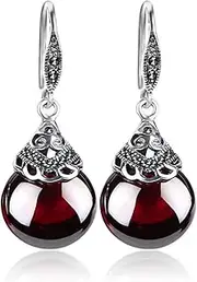 [Ecoodisk] Round Earrings in Sterling 925 Silver with Garnet for Natural Ruby Jewelry for Women - Red