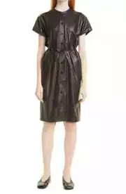Theory Women's Black Paper Faux Leather Button Front Triangle Shift Dress Size S